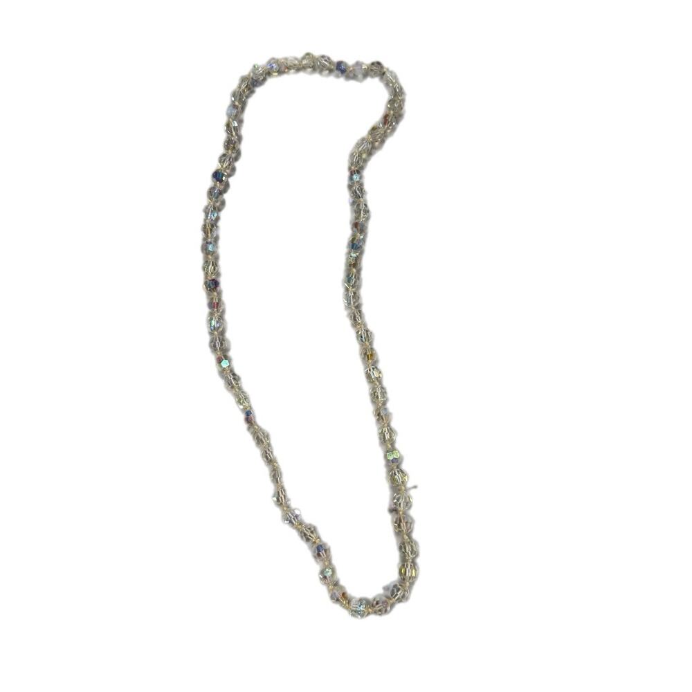 Vintage Clear Beaded Necklace 15” Faceted Iridescent Glass Beads
